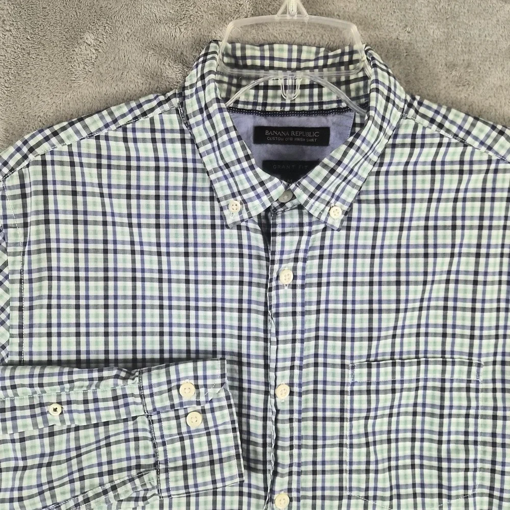 Banana Republic Grant Fit Custom 078 Wash Shirt Mens Medium Green Plaid Cotton